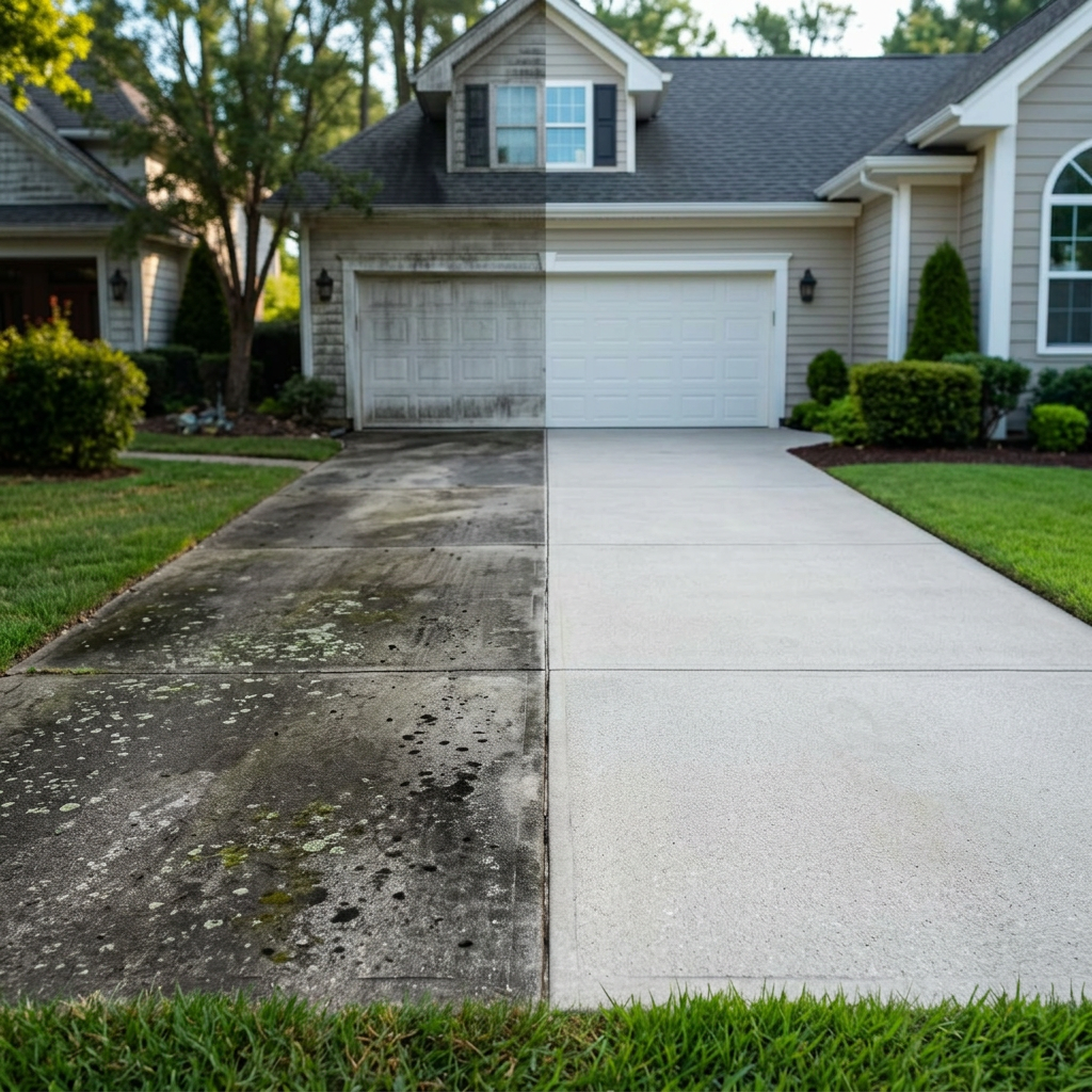 Driveway before and after pressure washing